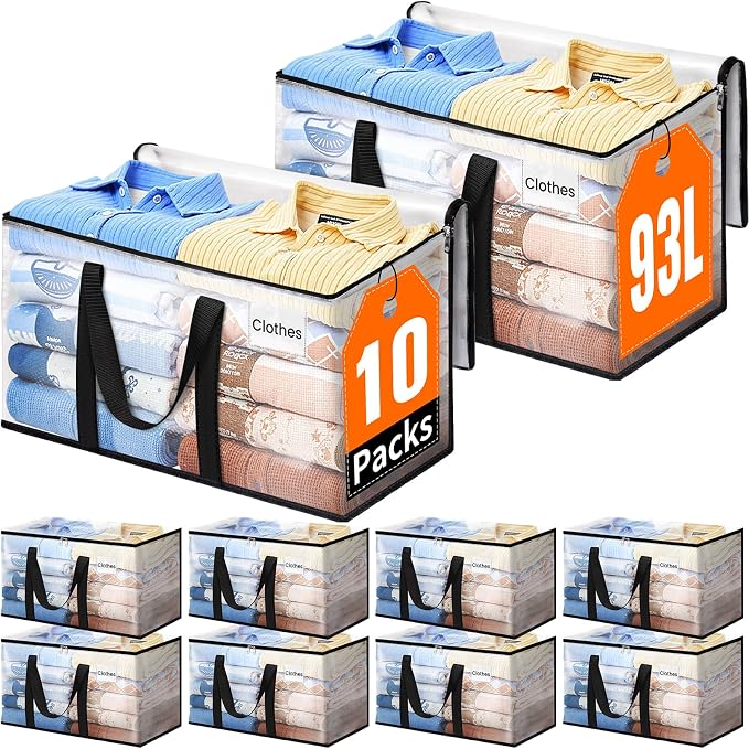 Moving Bags, Extra Large Heavy Duty Storage Bags, 93L, 10 Packs | Packing Bags with Smooth Zippers, Strong Handles & Tag Pocket, Water-Resistant Foldable Storage Totes, Moving Box Alternative