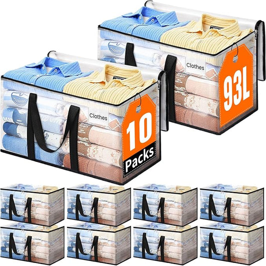 Moving Bags, Extra Large Heavy Duty Storage Bags, 93L, 10 Packs | Packing Bags with Smooth Zippers, Strong Handles & Tag Pocket, Water-Resistant Foldable Storage Totes, Moving Box Alternative