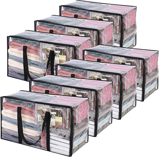 7 Pack Clear Clothes Storage Bags with Zipper 60L | Plastic Storage Bag, Foldable Closet Organizer, For Comforter Blanket Bedding Duvet Toys, Moving Bags