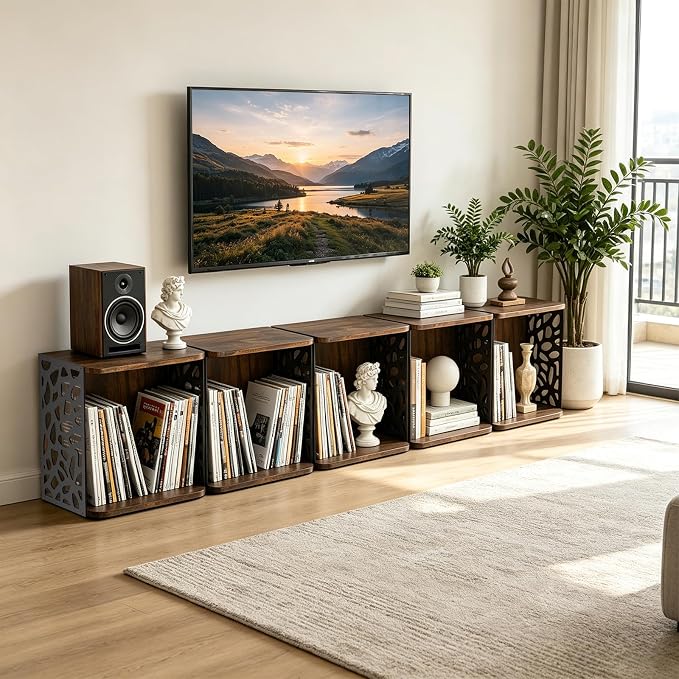Small Bookcase, Small Bookshelf for Small Spaces Cube Organizer Storage | Wooden Stackable Space-Saving Storage Short Bookshelf for Books Magazines Vinyl Records for Living Room Bedroom Home Office