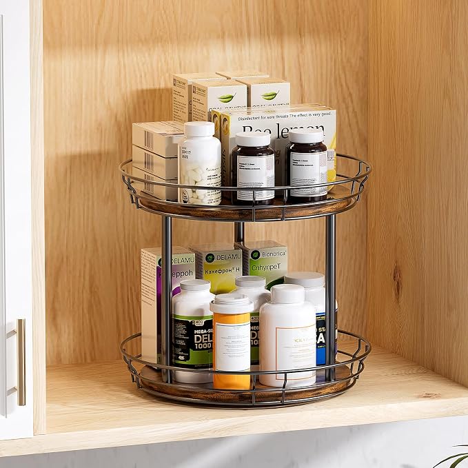 LAMU 10'' Lazy Susan Turntable Organizer, 2 Tier Round Rotating Spice Rack Organization for Kitchen Cabinet and Countertop, Wooden Lazy Susan for Table Top, Pantry, Bathroom, Vanity, Home Decor