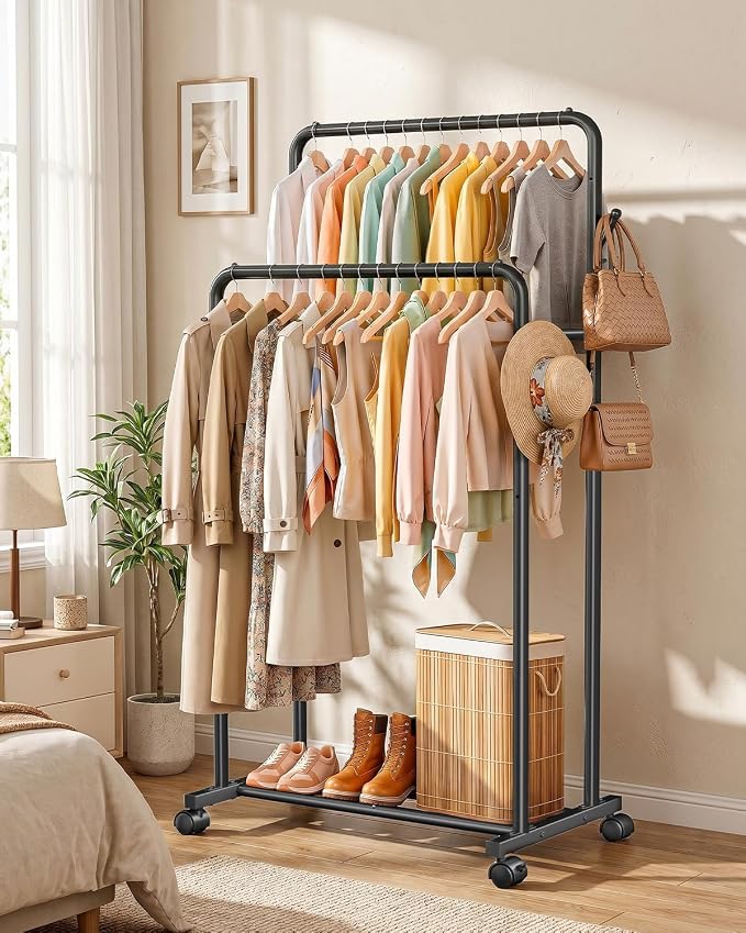 Delamu Clothes Rack Double Rods, Black, 65''Hx32''W | Clothing Racks for Hanging Clothes With Rolling Wheels, Hooks, Metal Garment Rack, Portable Wardrobe, With Shelfs,for Bedroom