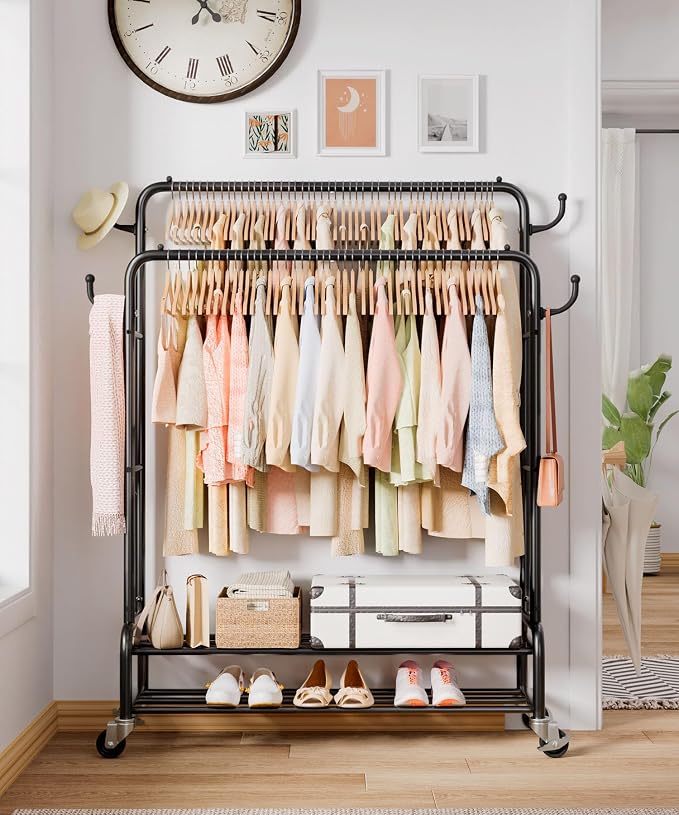 Homde Sturdy Garment Rack for Bedroom: 265 lbs Heavy Duty Clothes Organizer | 2 Hanging Rods Hold Coat to T-Shirt - Easy Roll & Park on Wheels - Metal Frame Stays Solid & Stable at Full Load