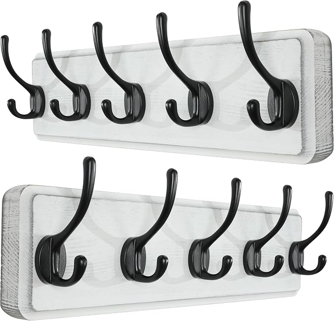 SKOLOO Rustic Wall Mounted Coat Rack, 16 inches Hole to Hole, Case of 2, Pine Solid Wood Coat Hook Hanger - 5 Hooks for Hanging Clothes Robes Towels Coats