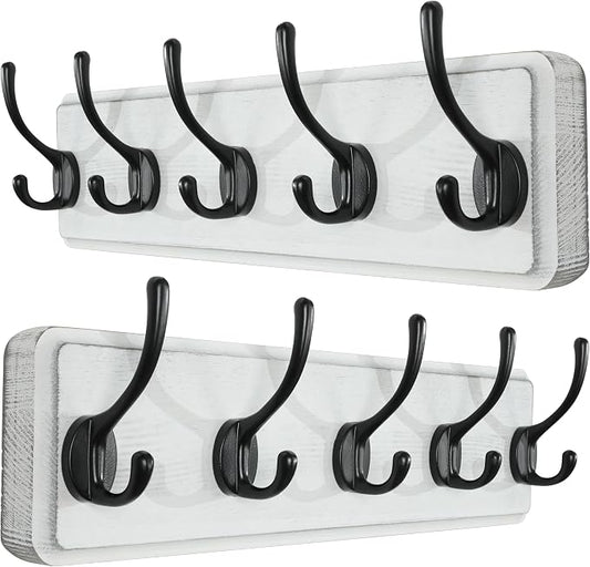 SKOLOO Rustic Wall Mounted Coat Rack, 16 inches Hole to Hole, Case of 2, Pine Solid Wood Coat Hook Hanger - 5 Hooks for Hanging Clothes Robes Towels Coats