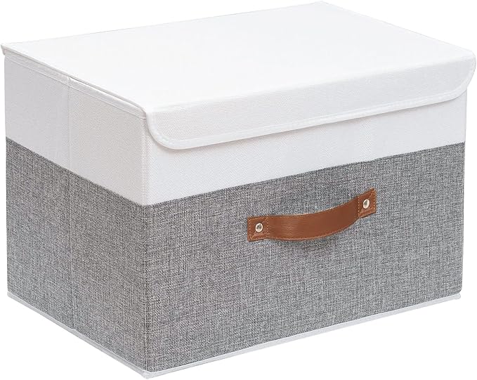 Yawinhe Fabric Storage Boxes with Lids,White/Grey,15.0x9.8x9.8in,1-Pack | Container with Leather Handle,Washable Storage Basket, Clothes Blanket Bin,Collapsible Closet Organizer for Bedroom
