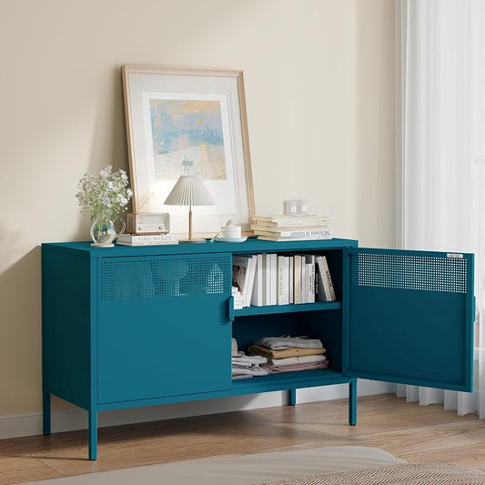 Metal Storage Cabinet with 2 Doors & Adjustable Shelves, Blue | 25"H Accent Cabinet, Metal Locker Storage Cabinets, TV Stand Cabinet for Home, Office, Living Room, Entryway