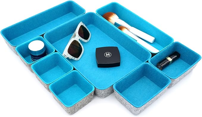 Welaxy Minimalist Felt Desk Drawer Organizer 8pc Turquoise Storage Bins | Sustainable material soft yet sturdy,multi-purpose storage, sleek minimalist lifestyle