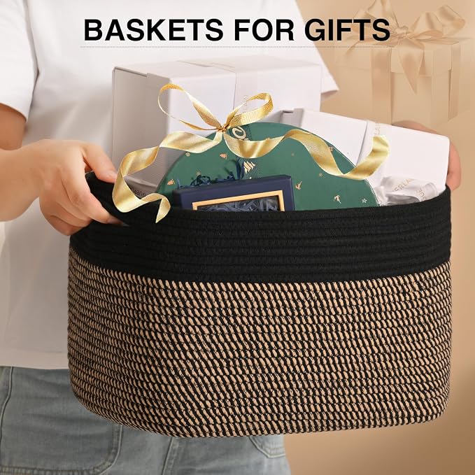 ICERZCZ Woven Cotton Rope Storage Basket for Organizing, Cute Decorative Baskets for Gifts Empty, Organizer Bins for Dog Toy, Baby Laundry, 15“×11”×9.5“, Jute & Black