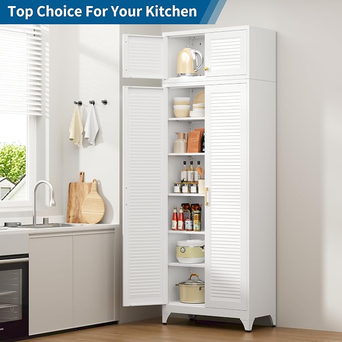 90" Tall Metal Kitchen Pantry Storage Cabinet with Doors | White Freestanding Heavy Duty Steel Cupboard, 5 Adjustable Shelves,Extra Large Organizer for Home and Garage (2 Boxes)