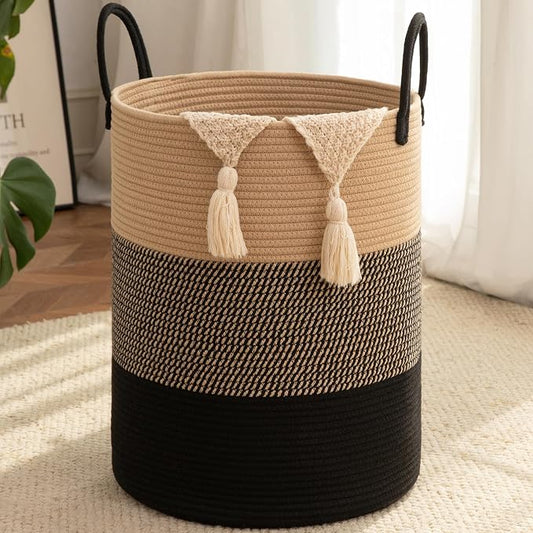 OIAHOMY Large Laundry Basket Hamper - 80L Cotton Rope Woven Basket for Blankets, Toys, Clothes - Tall Decorative Nursery Hamper with Long Handles, Yellow/Black