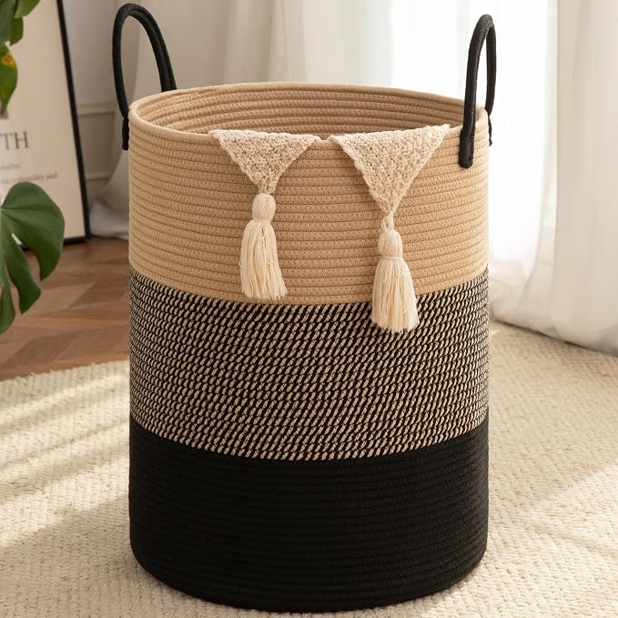 OIAHOMY Large Laundry Basket Hamper - 60L Cotton Rope Woven Basket for Blankets, Toys, Clothes - Tall Decorative Nursery Hamper with Long Handles, Yellow/Black
