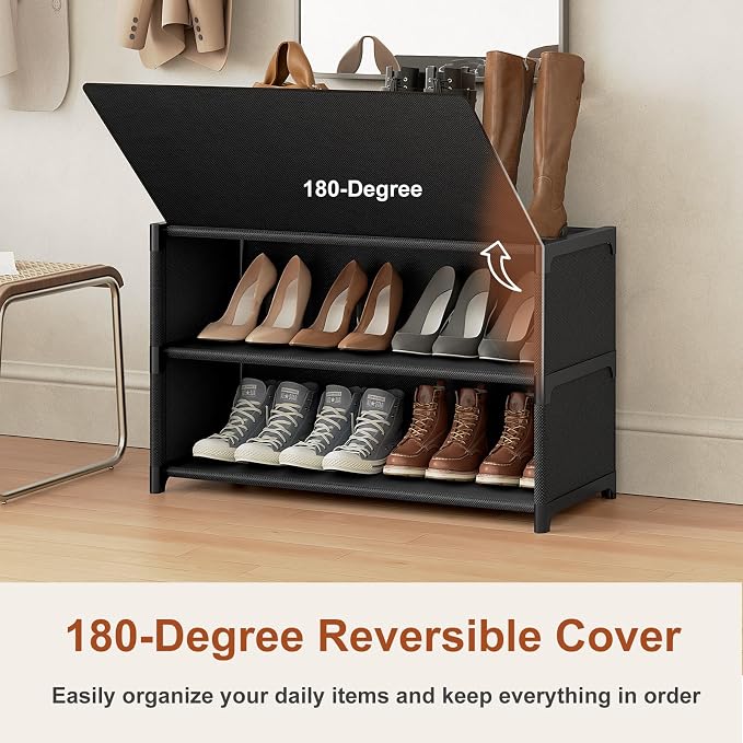 3 Tier Shoe Cabinet with Door, 12-Pair Storage, Black | Compact for small closets. Holds heels, sneakers, boots. Door for dust/pet protection. Quick easy setup.