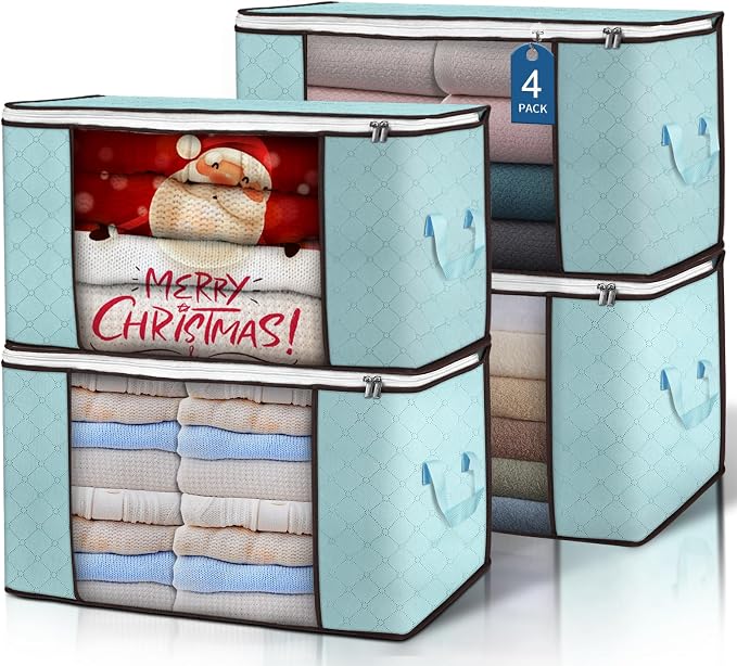 90L Large Storage Bags, 4 Pack Clothes Storage Bins Closet Organizers | Foldable Storage Containers, with Reinforced Handle, for Clothing, Blanket, Comforters, Bed Sheets, Pillows and Toys,Blue