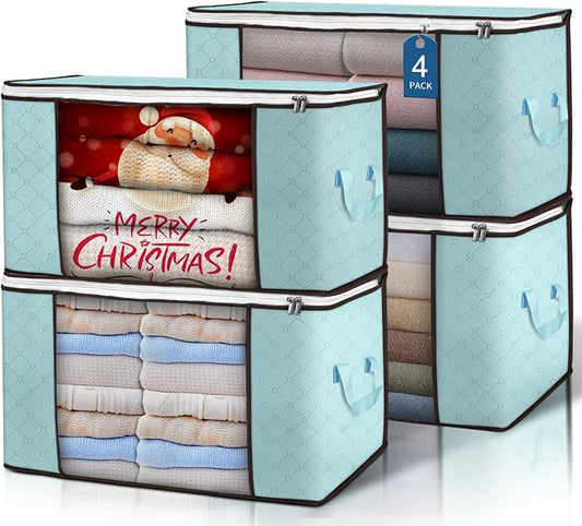 90L Large Storage Bags, 4 Pack Clothes Storage Bins Closet Organizers | Foldable Storage Containers, with Reinforced Handle, for Clothing, Blanket, Comforters, Bed Sheets, Pillows and Toys,Blue