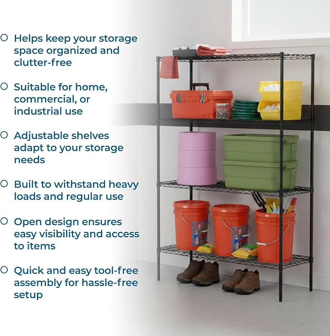 Honey-Can-Do 4-Tier Heavy Duty Extra-Wide Adjustable Shelving Unit, 350-lb Per Shelf Metal Storage Rack, Wire Shelf for Garage Workshop Basement, Black, 48 x 18 x 72 in