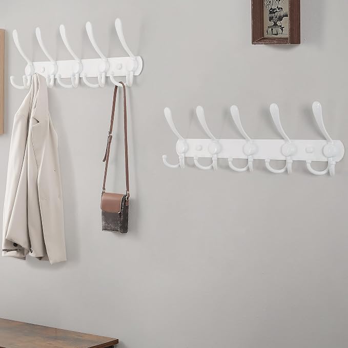 Dseap Wall Mounted Coat Rack - 5 Tri Hooks, Heavy Duty, Stainless Steel, Metal Coat Hook Rail for Coat Hat Towel Purse Robes Mudroom Bathroom Entryway,White
