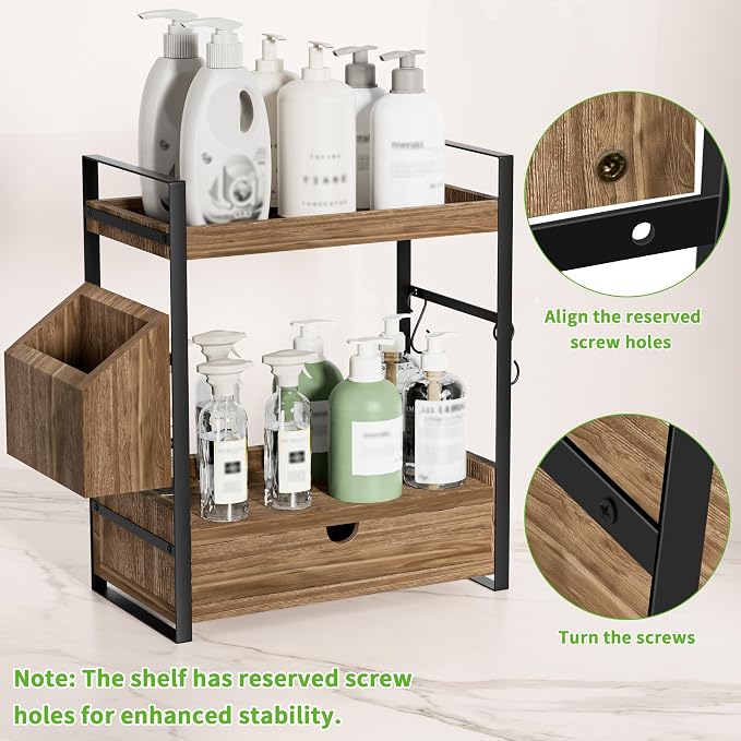 2-Tier Bathroom Counter Organizer, Wooden Vanity Shelf with Drawer & Basket | Pre-Drilled Holes, Skincare & Makeup Countertop Organizer and storage, Dark Brown