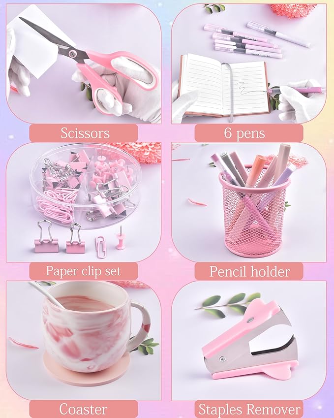 23pc Pink Desk Accessories and Organizers with Mesh Organizer Stapler Tape Dispenser Calculator and a Lot of Office Pink Office Supplies Beautifully Presented in a Gift Box