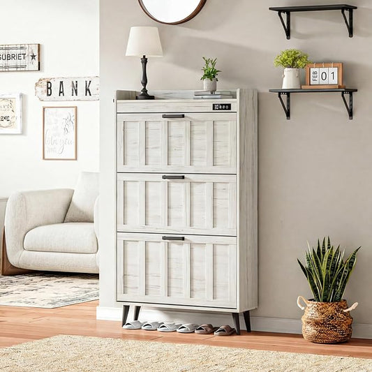 ChooChoo Shoe Storage Cabinet with 3 Flip Drawers and Deodorizer | Shoe Organizer Storage for Entryway, Freestanding Hidden Slim Narrow Shoe Rack Cabinet, Antique White
