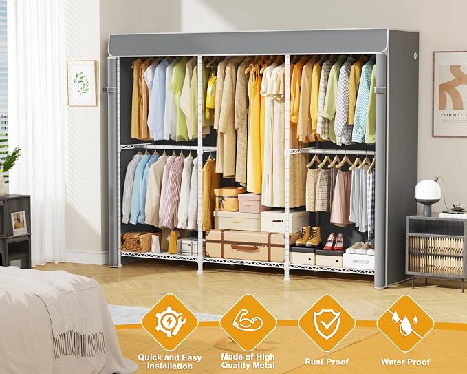 E14C Pro Heavy Duty Closet Organizer System，Freestanding Clothing Racks for Hanging Clothes，Adjustable Garment Rack 69" W × 16" D × 77" H Hold 960 lbs，White Rack with Grey Dustproof Cover