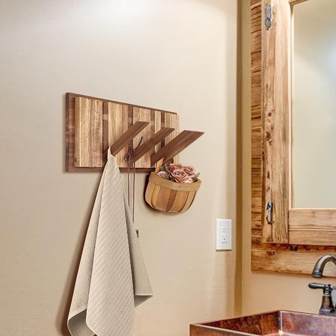 Wall Coat Rack for Entryway: Folding Wood Rustic 8 Hooks | 16.5inch Piano Hanger for Small Space Bathroom Hallway for Towel Backpack Jacket - Farmhouse Design Decor (Neat Style)