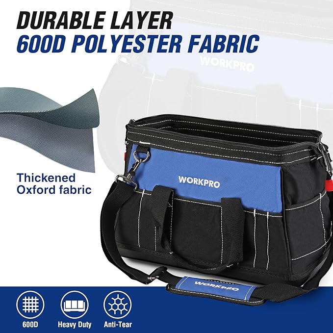 WORKPRO 16-inch Wide Mouth Tool Bag with Water Proof Molded Base | Multi-Pocket, Heavy Duty Cloth, Adjustable Shoulder Strap, Double-pull Zipper, For Workshops, Outdoor Projects