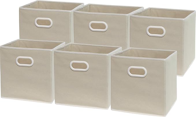 Simple Houseware 11-Inch Foldable Cube Storage Bins with Handles, Beige | 6-Pack Lightweight & Durable Structure Fabric Cubes Organizer for Closet or Shelves