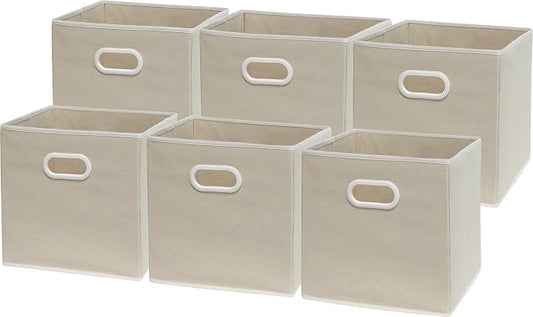 Simple Houseware 11-Inch Foldable Cube Storage Bins with Handles, Beige | 6-Pack Lightweight & Durable Structure Fabric Cubes Organizer for Closet or Shelves
