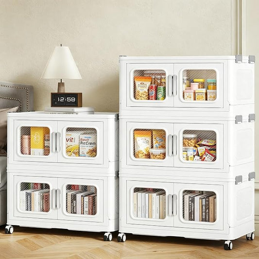 BROVIEW 250 Qt/62.5 Gal Stackable Storage Bins with Lids, 5 Pack, White | Small Stackable Storage Boxes w/ 5 Lid Folding Plastic Cart Organizer for Home Kitchen, Open Front Clear Door with Wheels