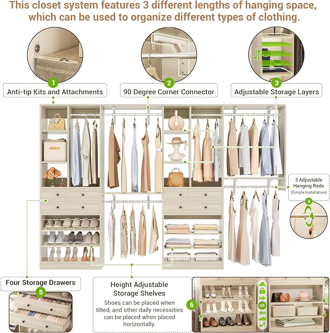 Besiost Closet System - 120"/10FT, 151.2"/12.6FT Closet System with Drawers, Built-in Closet Organizer System with Reversible Hanging Shelving and Hanging Rods, Greige Oak Set of 2