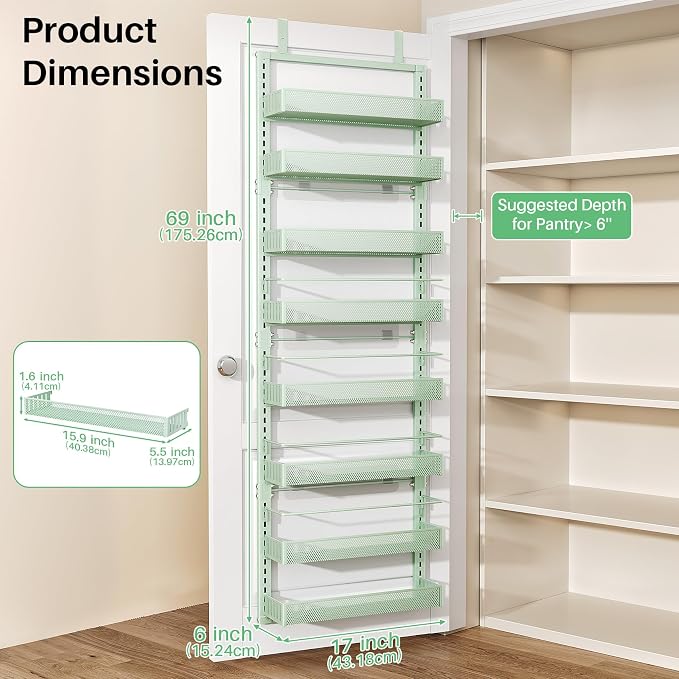 SNTD 8 Tiers Over the Door Organizer - Height Adjustable Pantry Organizers and Storage with Dense Mesh Baskets, Anti-Swing Hanging Door Spice Rack for Kitchen Bathroom (Green, 17" W x 6" D x 69" H)