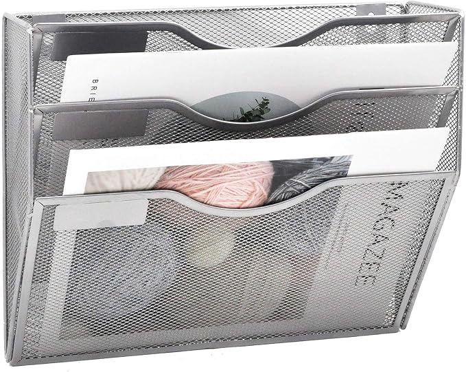 EASEPRES 3 Pocket Mesh Hanging Wall File Organizer, Wall Mounted Mail Paper Document Folder Holder, Clipboard Storage Organization Magazine Rack with Nametag Label for Office Home School, Silver