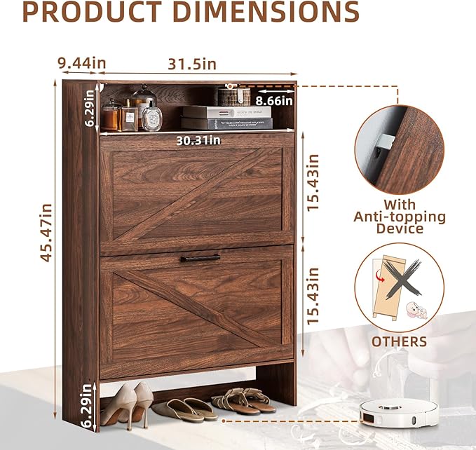 RWYHG Shoe Cabinet Storage for Entryway with 2 Flip Drawers | Open Storage Layer Rack Narrow Organizer Slim Hidden Wood Shoe Cabinet Furniture