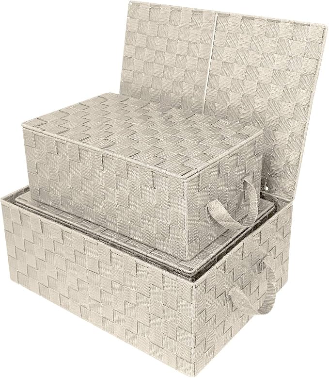 Sorbus Set of 3 Storage Baskets for Organizing with Lid, Mesh Hand-Woven Design, Linen Closet Organizers and Storage, Organizer Storage Baskets for Shelves, Variety Pack Organizers and Storage (Beige)