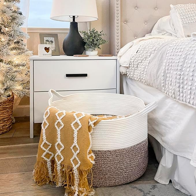 INDRESSME XXXLarge Woven Rope Blanket Basket Living Room Brown, 90L | 21.7" x 13.8" Storage baskets for toys laundry & pillows. Fits living room, bedroom or nursery décor. Soft-touch with handles