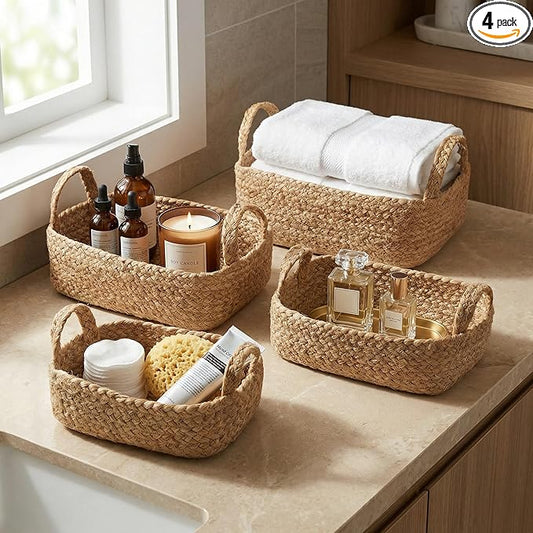 Beautiful Storage Basket Set of 4 - Natural Jute Rope Baskets for Shelves Are Perfect for Organizing Your Home - Quality Storage Bins Easily Fit With Any Nursery or Bedroom Decor