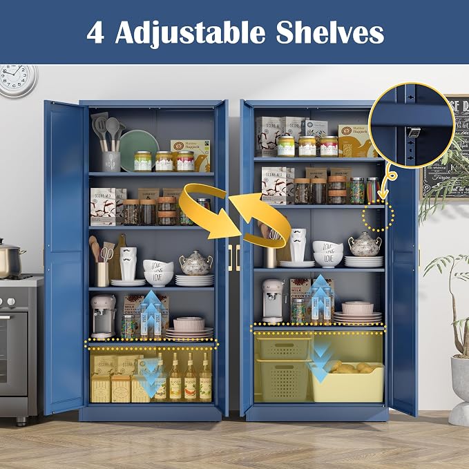 SteeLoong Kitchen Pantry Cabinet,71” Metal Pantry Storage Cabinets with Doors and 4 Adjustable Shelves,Blue Kitchen Cabinet with 2 Gold Handles,Tall Cabinet for Livingroom
