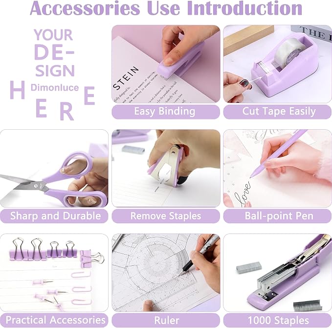 Dimonluce Purple Desk Accessories, Purple Office Supplies Accessories with Tape Dispenser, Stapler, Staple Remover, 1000 Staples, Tape, Clips Set, Ruler, Scissor, Pen