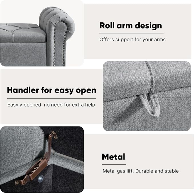 67 Inch Storage Bench for Bedroom, Linen End of Bed Bench, King Size Bench with Rolled Arms, Upholstered Tufted Button Storage Ottoman Benches, Living Room, Entryway, Oyster Grey