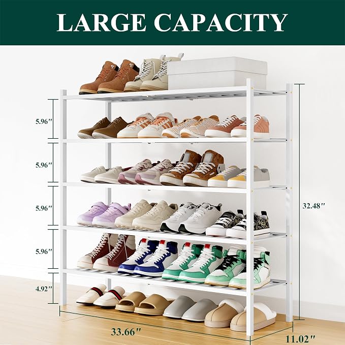 Smiry Bamboo Shoe Rack, 12 Vertical Slats, 5 Tier - 33.7" Wide, White | Stackable Free Standing Wooden Shoe Organizer, Wood Shoe Storage Shelf for Closet, Entryway