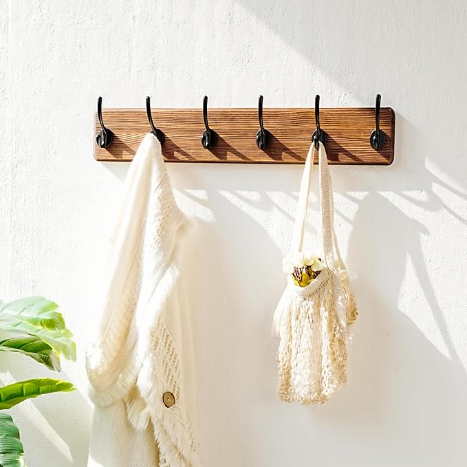 Coat Rack Wall: 24" Long, Patented, Heavy-Duty, 6-Double-Hooks Wooden Wall Mounted Coat Rack Coat Hanger Hook Rail for Winter Coats Hat Jacket Clothing, Natural & Black
