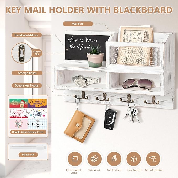 Key Holder Wall Mount, Wooden Mail and Key Organizer, White | Rustic Farmhouse Style, 4 Double Hooks, Includes 2 Storage Box, Small Shelf, Mail Slot, for Entryway, Doorway, Hallway, RV