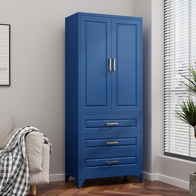 75" Metal Pantry Storage Cabinet with 3 Drawers, Blue | Sturdy SPCC Steel, Gold Handles, Adjustable Shelves,Anti-Tipping Kit, Leveling Feet, Easy Assembly for Kitchen Pantry