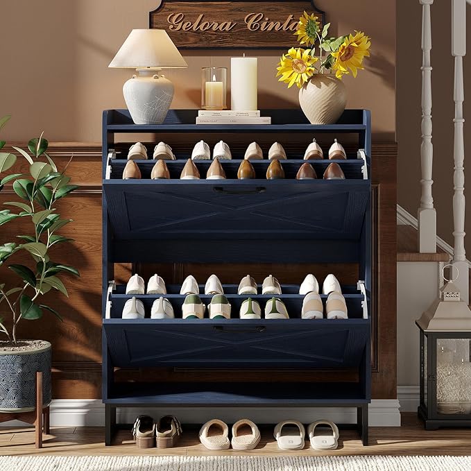 Maupvit Shoe Storage Cabinet with 2 Flip Drawers, Freestanding Shoe Organizer with Metal Legs for Entryway, Narrow Shoe Rack Cabinet, Blue