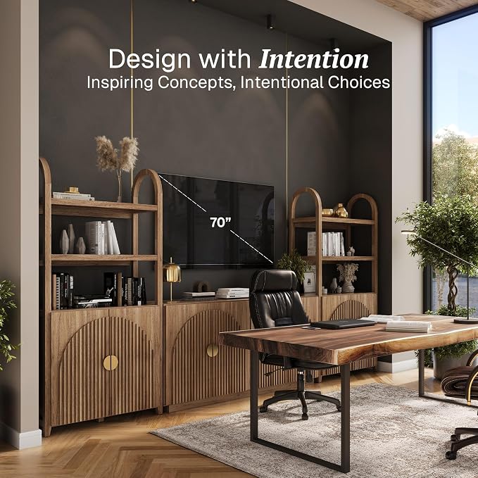 BELLEZE 3-Piece Arched TV Stand Entertainment Center with Storage, Mid Century Modern 2-Piece 72″ Tall Storage Cabinets and 65″ Fluted TV Console for Living Room(Caramel Brown)