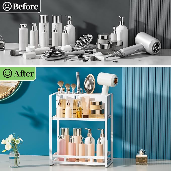 Bathroom Counter Organizer, Metal Vanity Shelf with Hair Dryer Holder | 2 Tier Hair Tool Organizer, Large Capacity Space-Saving, For Perfume, Skincare & Makeup Storage