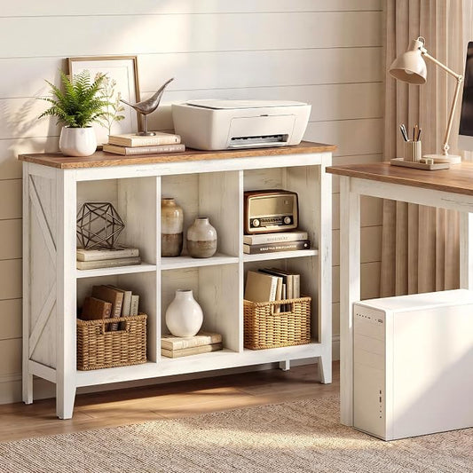 VASAGLE Liry Collection Farmhouse Bookcase, 6-Cube Storage Organizer with Legs, Adjustable Shelves, 38.6 x 11.6 x 29.8 inch, for Home Office, Living Room, Cloud White and Warm Brown ULBC136W101S