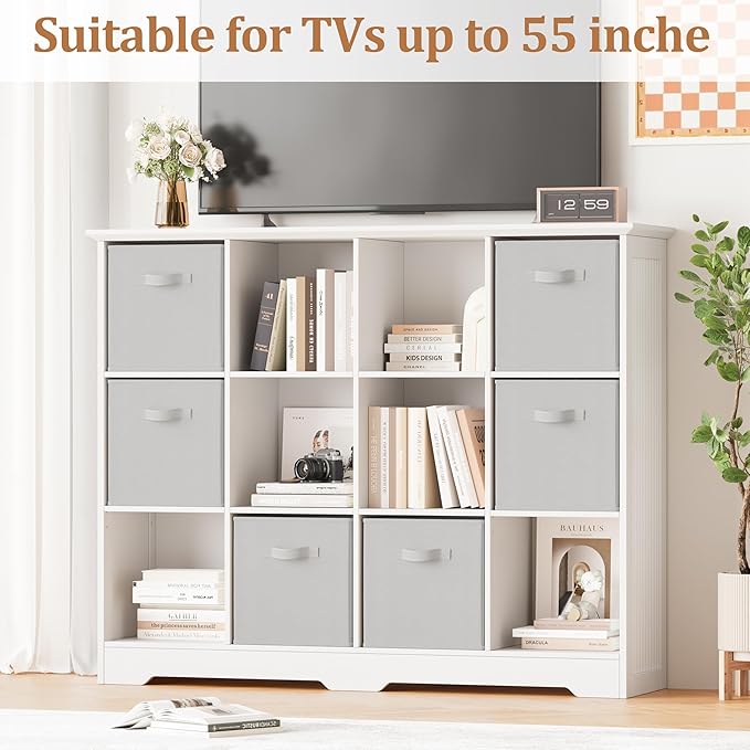 12 Cube Storage Organizer Shelf, Wood Cubby Storage with 6 Fabric Drawers | 3 Tier Wooden Bookshelf with 2 Adjustable Shelves, Fluted Side Panels Bookcase for Records, Books, Ornaments
