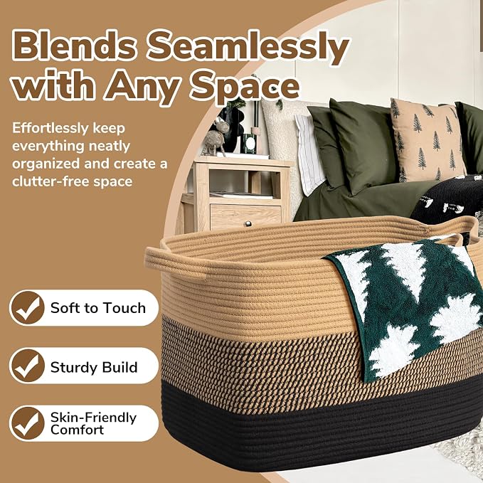 Goodpick 105L Extra Large Cotton Rope Blanket Basket, Black Jute | 25 x 16 x 16 in, Rectangle, Living Room, Bedroom & Nursery Organization, Blankets, Pillows & Toys Storage